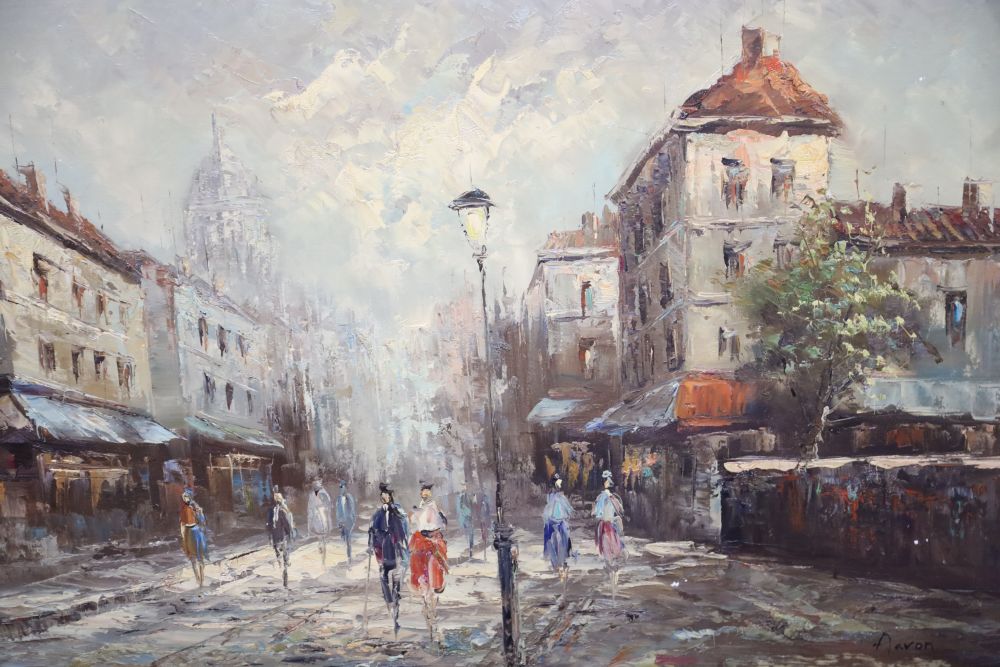 1950s French School, oil on board, Street scene, signed Arron, 61 x 91cm, unframed